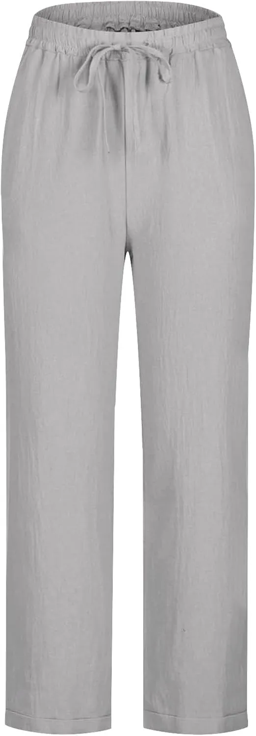 Cotton Linen Pants for Women Casual Elastic Waist Summer Pants 2025 Loose Fit Lounge Plus Size Trousers with Pockets