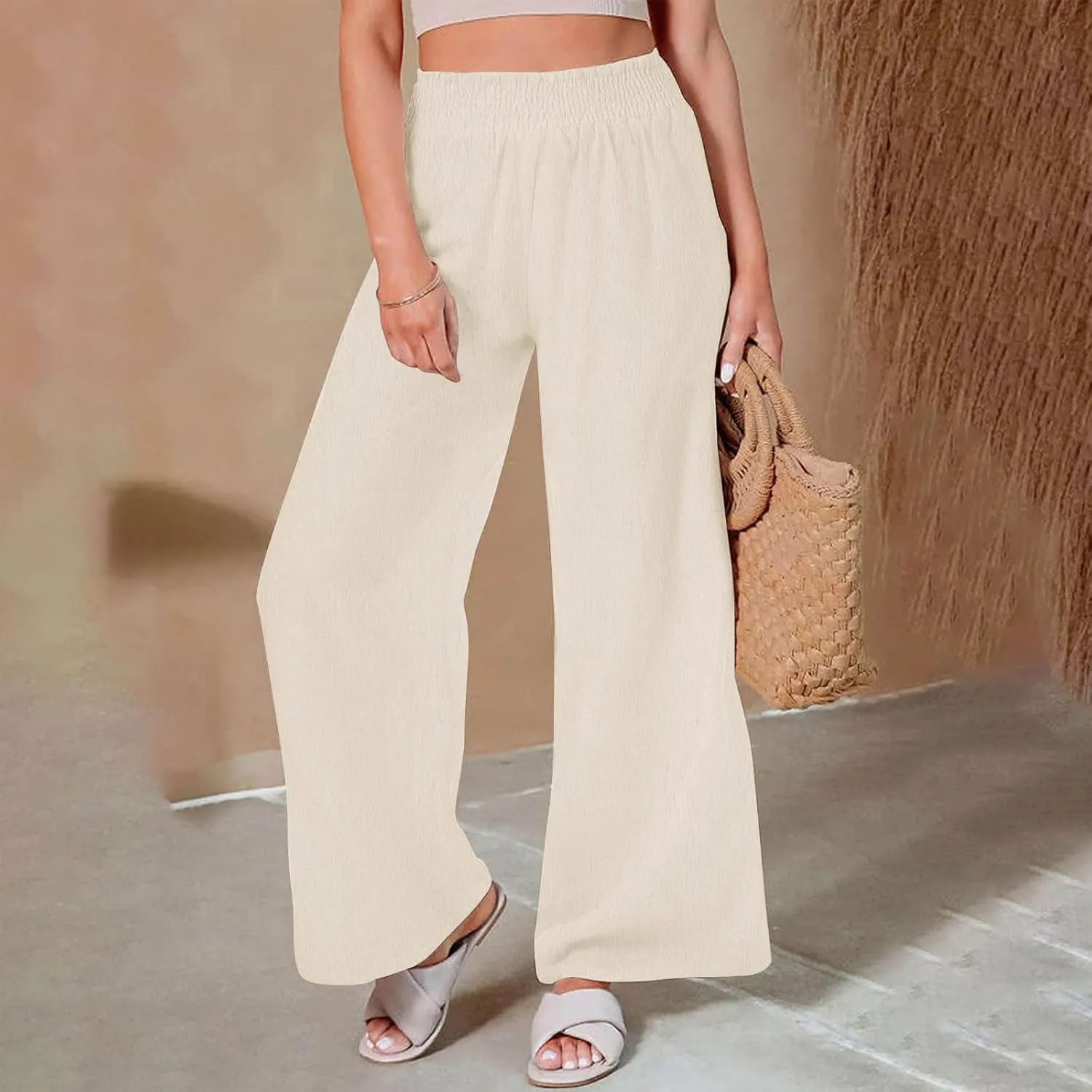 Cotton Linen Pants for Women Casual Loose Fit Elastic Waist Pants Fashion Solid Color Lounge Wide Leg Trousers