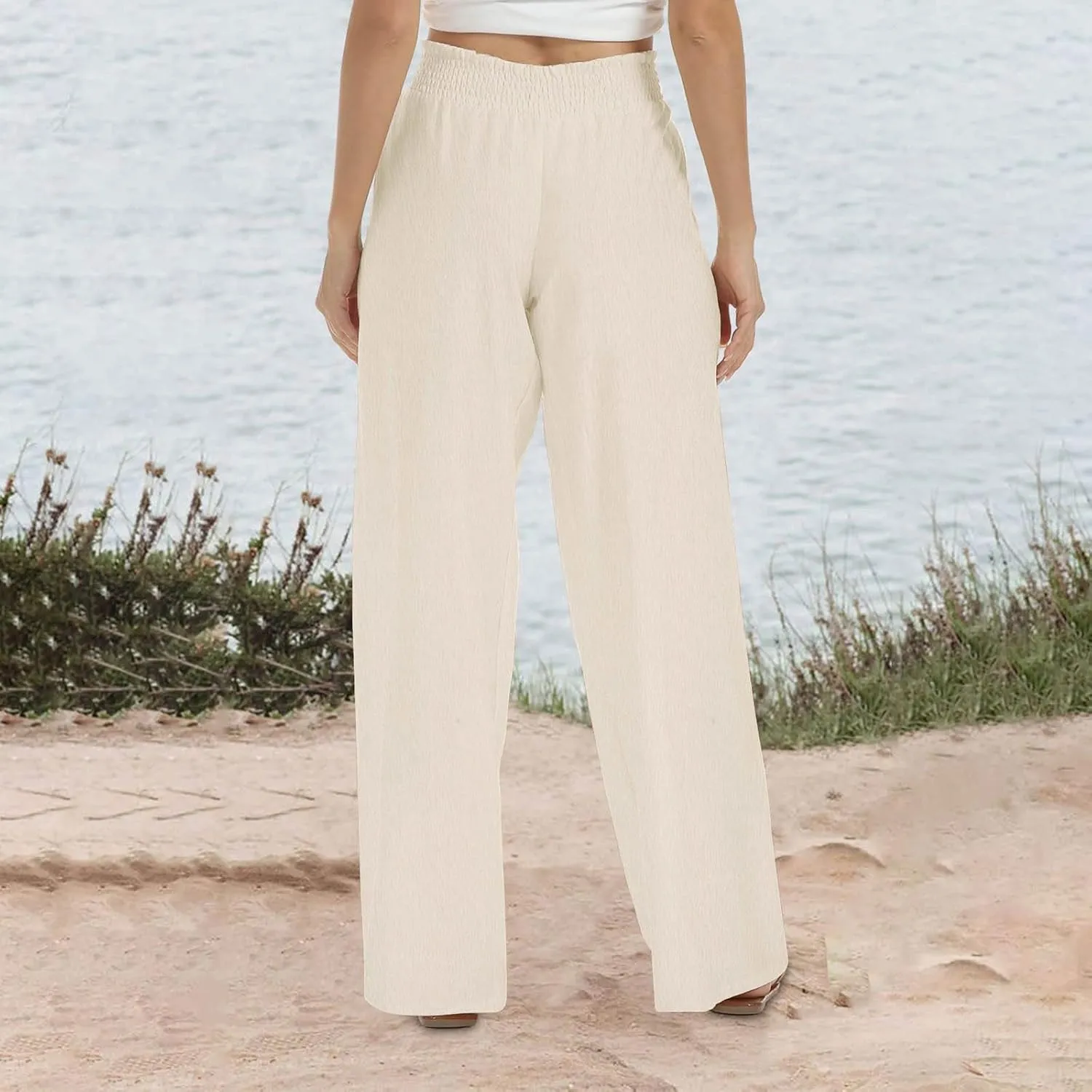 Cotton Linen Pants for Women Casual Loose Fit Elastic Waist Pants Fashion Solid Color Lounge Wide Leg Trousers