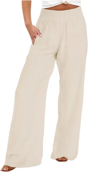 Cotton Linen Pants for Women Casual Loose Fit Elastic Waist Pants Fashion Solid Color Lounge Wide Leg Trousers
