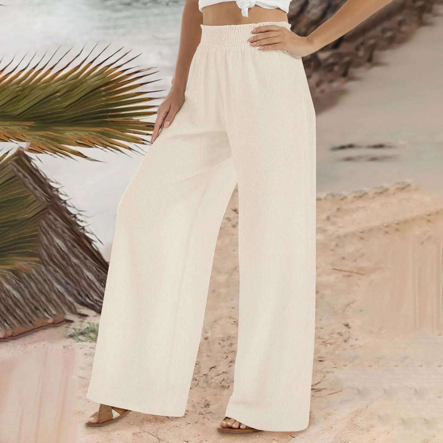 Cotton Linen Pants for Women Casual Loose Fit Elastic Waist Pants Fashion Solid Color Lounge Wide Leg Trousers