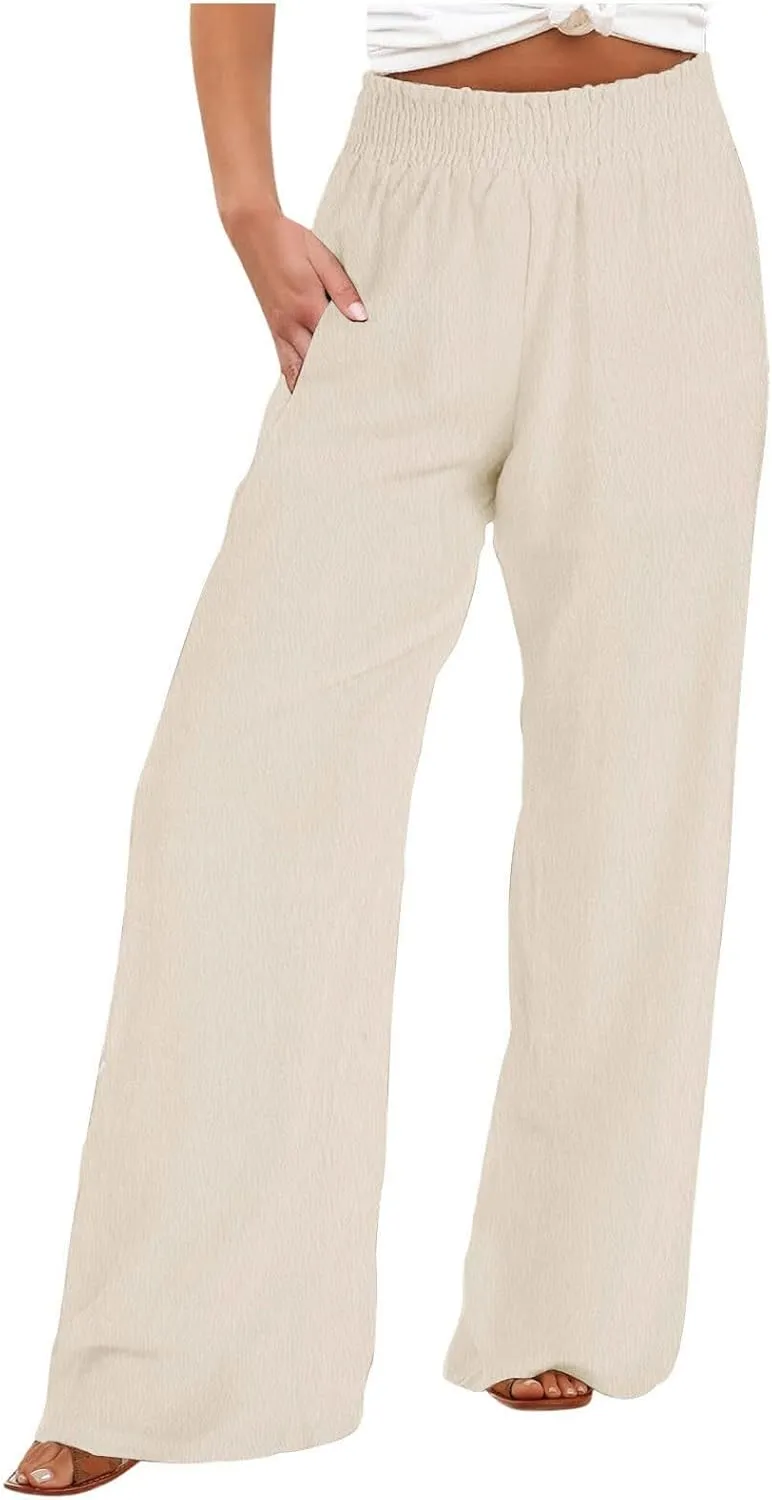 Cotton Linen Pants for Women Casual Loose Fit Elastic Waist Pants Fashion Solid Color Lounge Wide Leg Trousers