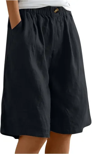 Cotton Linen Pants for Women Half Shorts Pants Summer Elastic Waist Buttons Solid Color Casual Pockets Pants