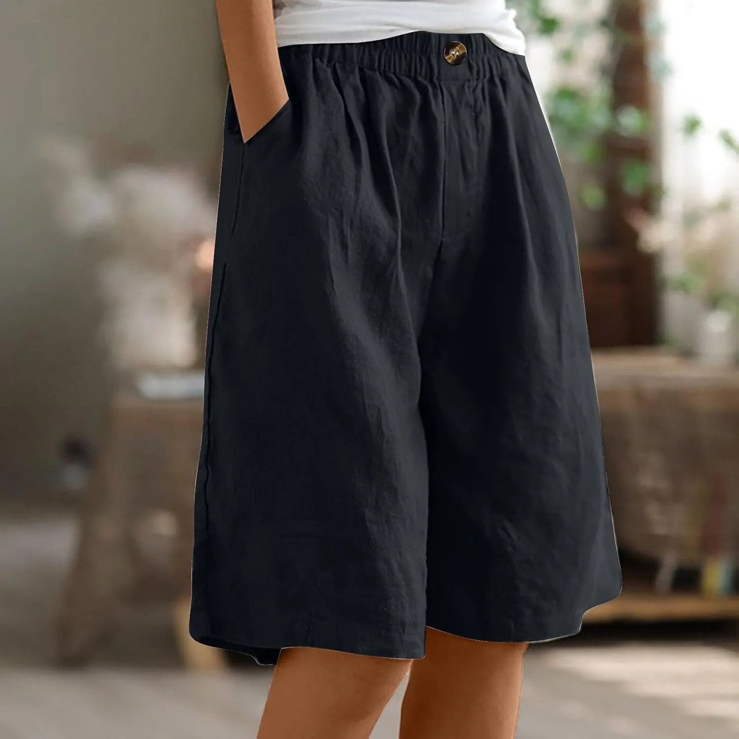 Cotton Linen Pants for Women Half Shorts Pants Summer Elastic Waist Buttons Solid Color Casual Pockets Pants