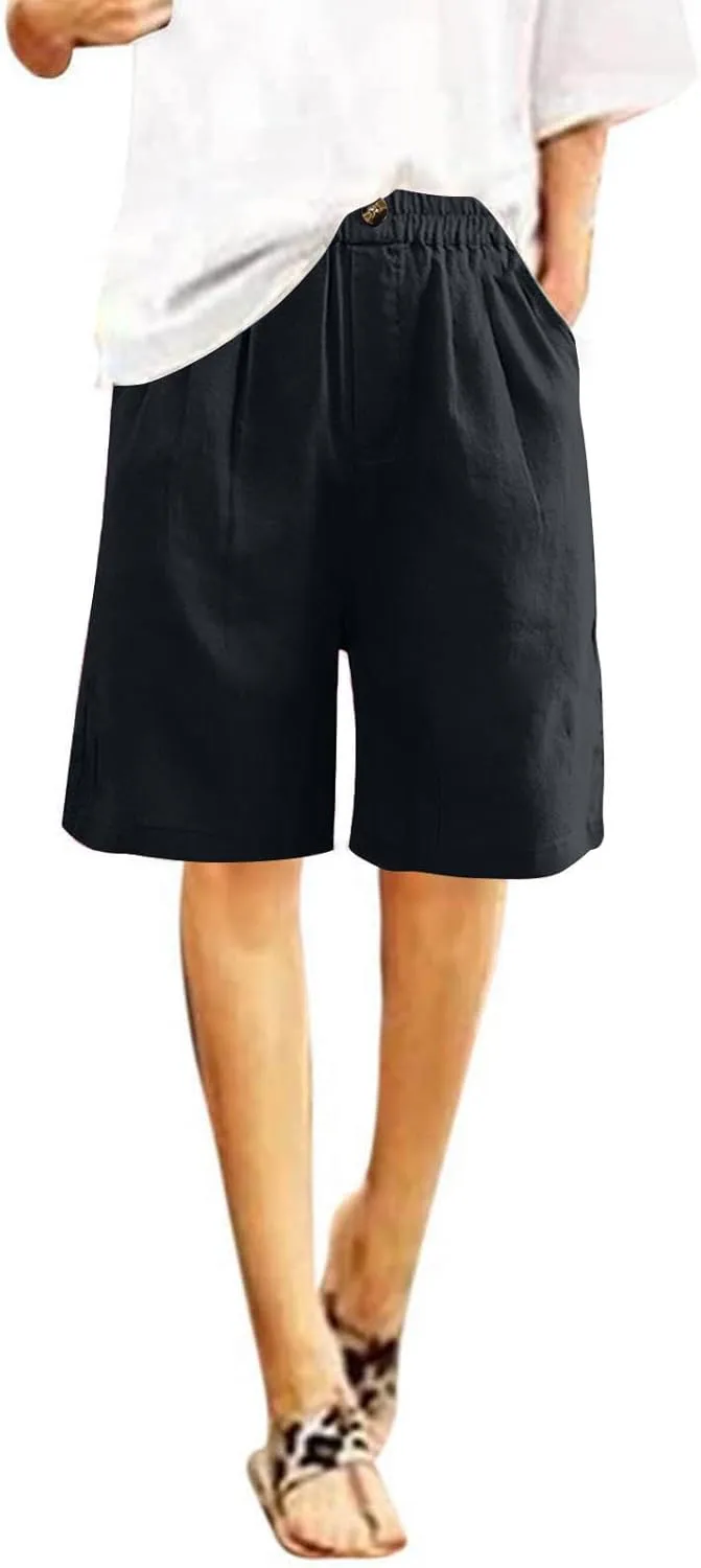 Cotton Linen Pants for Women Half Shorts Pants Summer Elastic Waist Buttons Solid Color Casual Pockets Pants