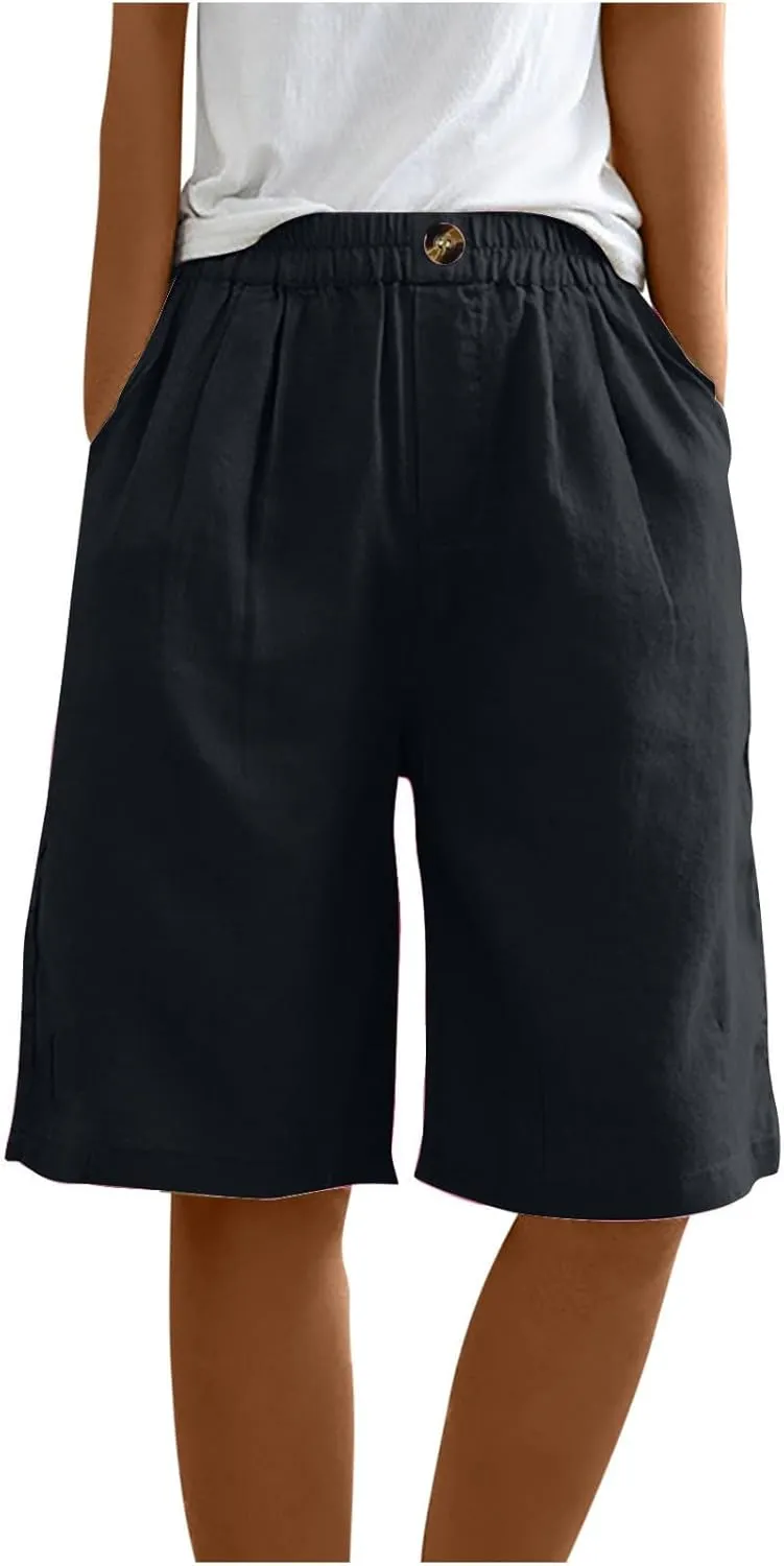 Cotton Linen Pants for Women Half Shorts Pants Summer Elastic Waist Buttons Solid Color Casual Pockets Pants