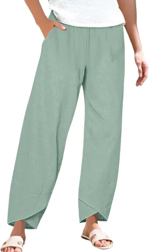Cotton Linen Pants for Women Summer Plus Size Boho Pants Lightweight Hight Waist Vacation Beach Trousers with Pockets