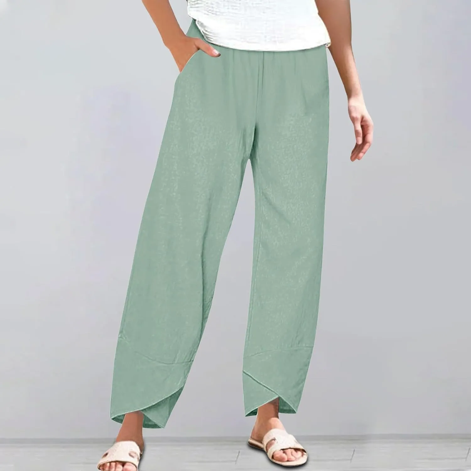 Cotton Linen Pants for Women Summer Plus Size Boho Pants Lightweight Hight Waist Vacation Beach Trousers with Pockets