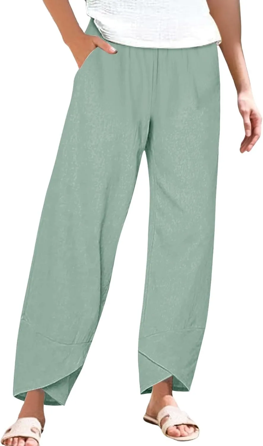 Cotton Linen Pants for Women Summer Plus Size Boho Pants Lightweight Hight Waist Vacation Beach Trousers with Pockets