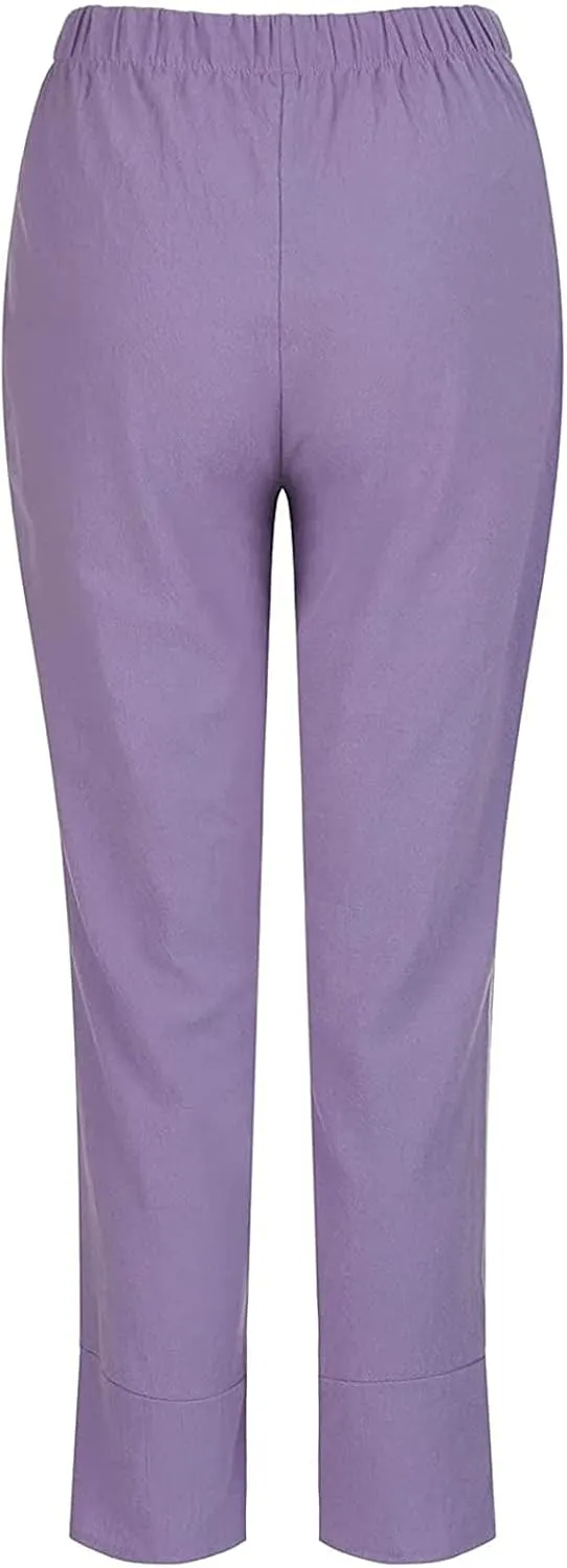 Cotton Linen Pants Women 2024 Casual Summer Capri Pants Slit Cropped Comfy Baggy Trousers Lightweight with Pockets