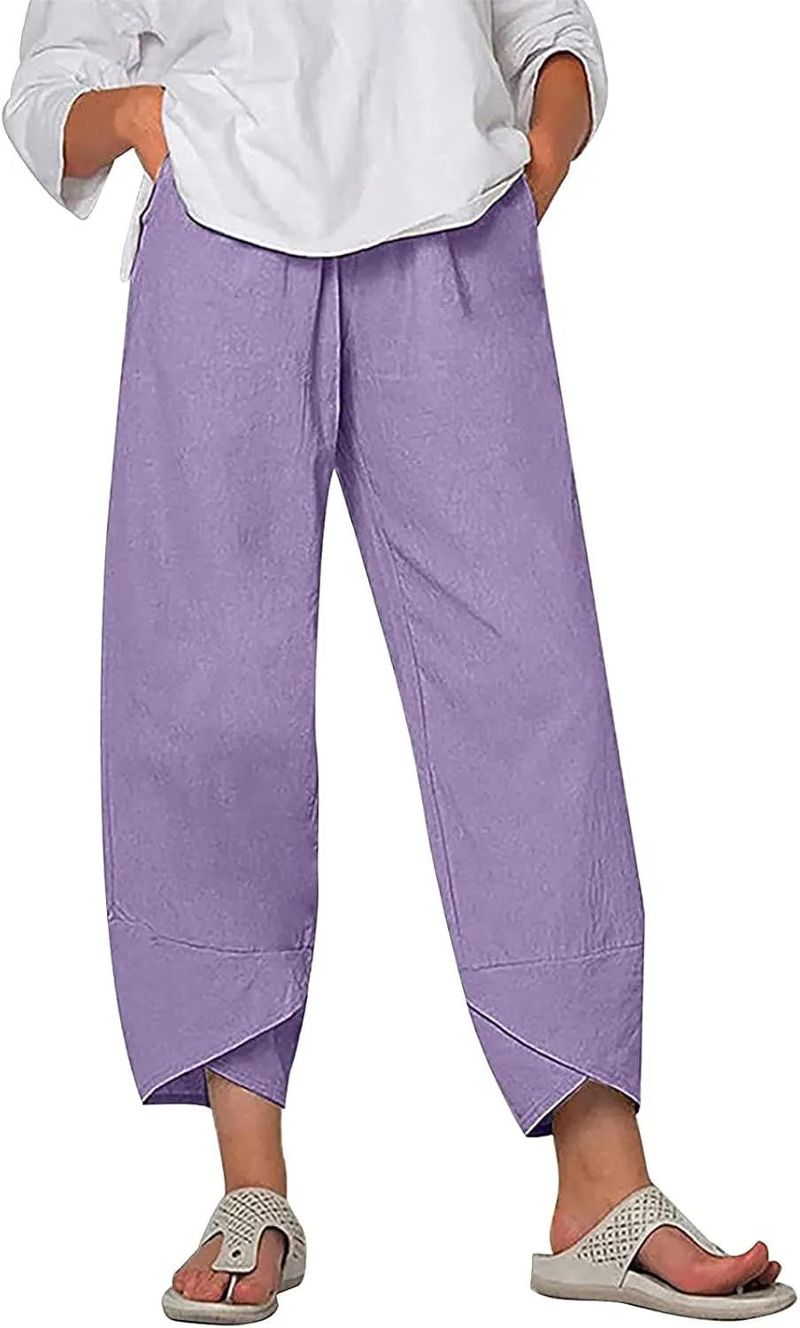 Cotton Linen Pants Women 2024 Casual Summer Capri Pants Slit Cropped Comfy Baggy Trousers Lightweight with Pockets