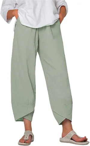 Cotton Linen Pants Women 2024 Casual Summer Capri Pants Slit Cropped Comfy Baggy Trousers Lightweight with Pockets