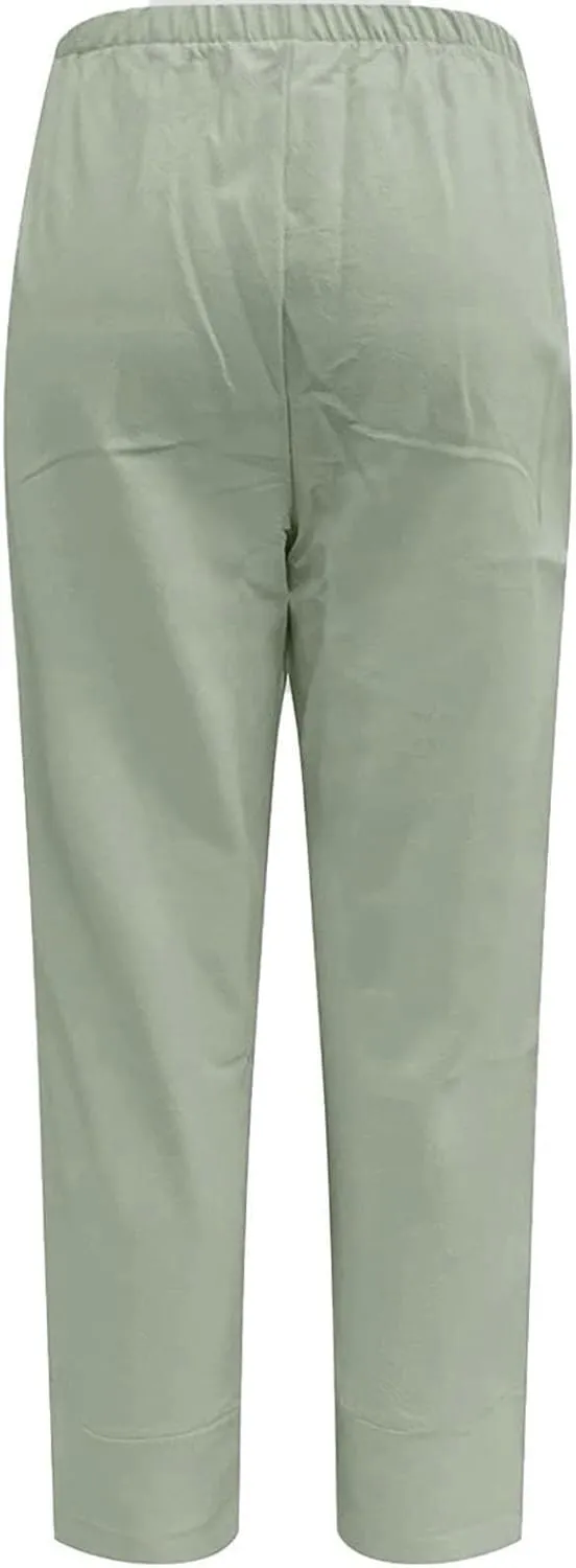 Cotton Linen Pants Women 2024 Casual Summer Capri Pants Slit Cropped Comfy Baggy Trousers Lightweight with Pockets