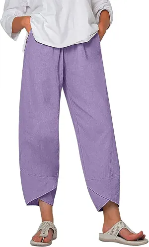 Cotton Linen Pants Women 2024 Casual Summer Capri Pants Slit Cropped Comfy Baggy Trousers Lightweight with Pockets