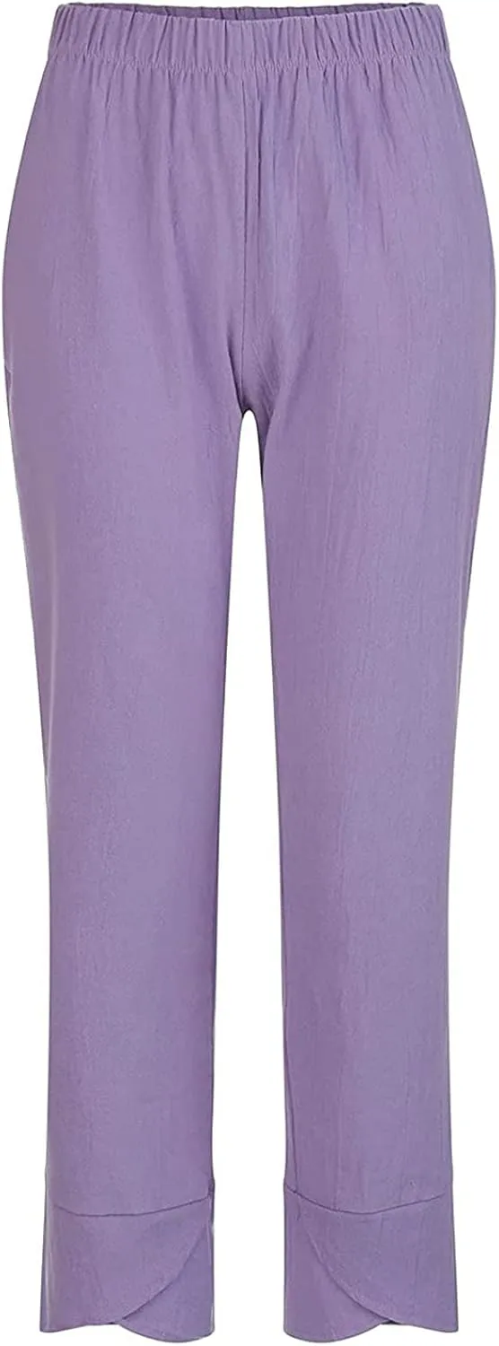 Cotton Linen Pants Women 2024 Casual Summer Capri Pants Slit Cropped Comfy Baggy Trousers Lightweight with Pockets