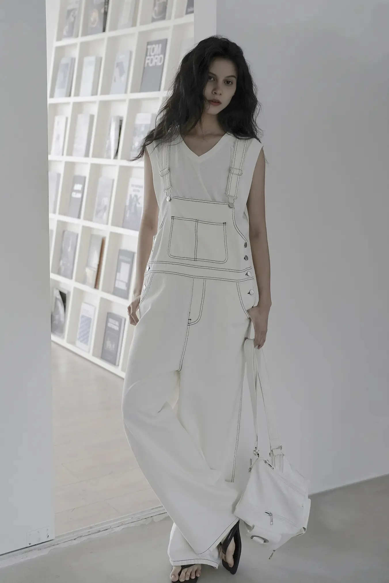 Cotton White Wide Leg Womens Overalls with Black Contrasting Stitch