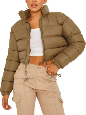 COZYPOIN Women Quilted Down Jacket Stand Collar Long Sleeve Zipper Cropped Puffer Jacket Coat