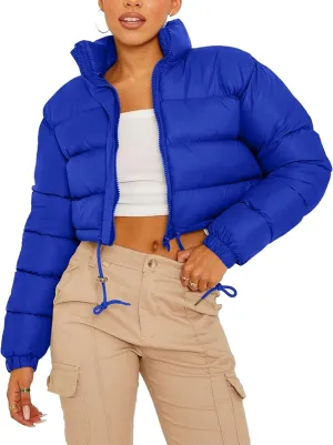 COZYPOIN Women Quilted Down Jacket Stand Collar Long Sleeve Zipper Cropped Puffer Jacket Coat