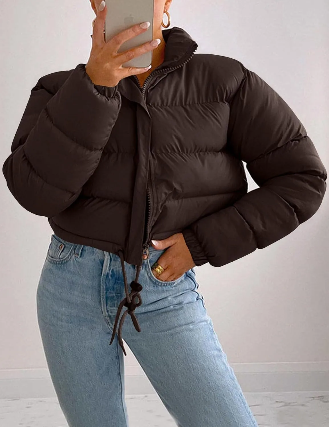COZYPOIN Women Quilted Down Jacket Stand Collar Long Sleeve Zipper Cropped Puffer Jacket Coat