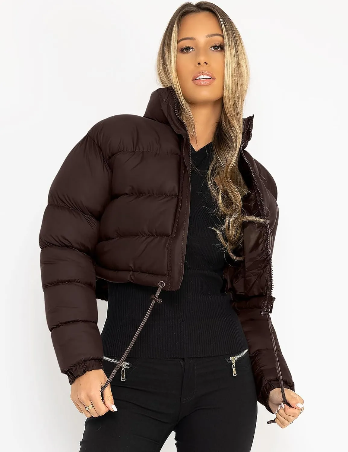 COZYPOIN Women Quilted Down Jacket Stand Collar Long Sleeve Zipper Cropped Puffer Jacket Coat