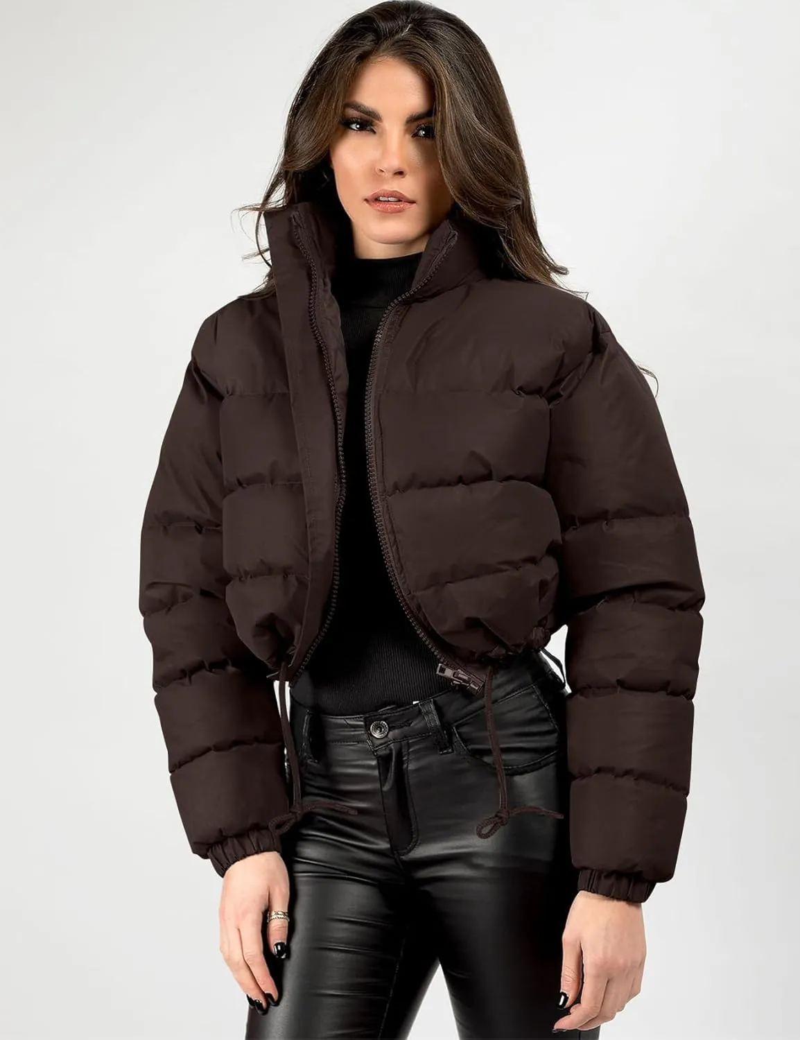 COZYPOIN Women Quilted Down Jacket Stand Collar Long Sleeve Zipper Cropped Puffer Jacket Coat