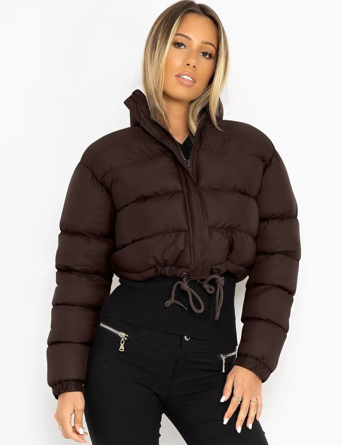COZYPOIN Women Quilted Down Jacket Stand Collar Long Sleeve Zipper Cropped Puffer Jacket Coat