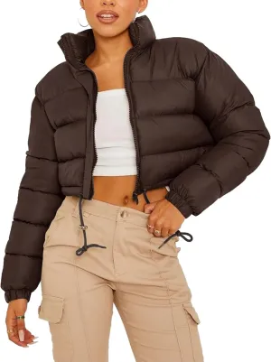 COZYPOIN Women Quilted Down Jacket Stand Collar Long Sleeve Zipper Cropped Puffer Jacket Coat