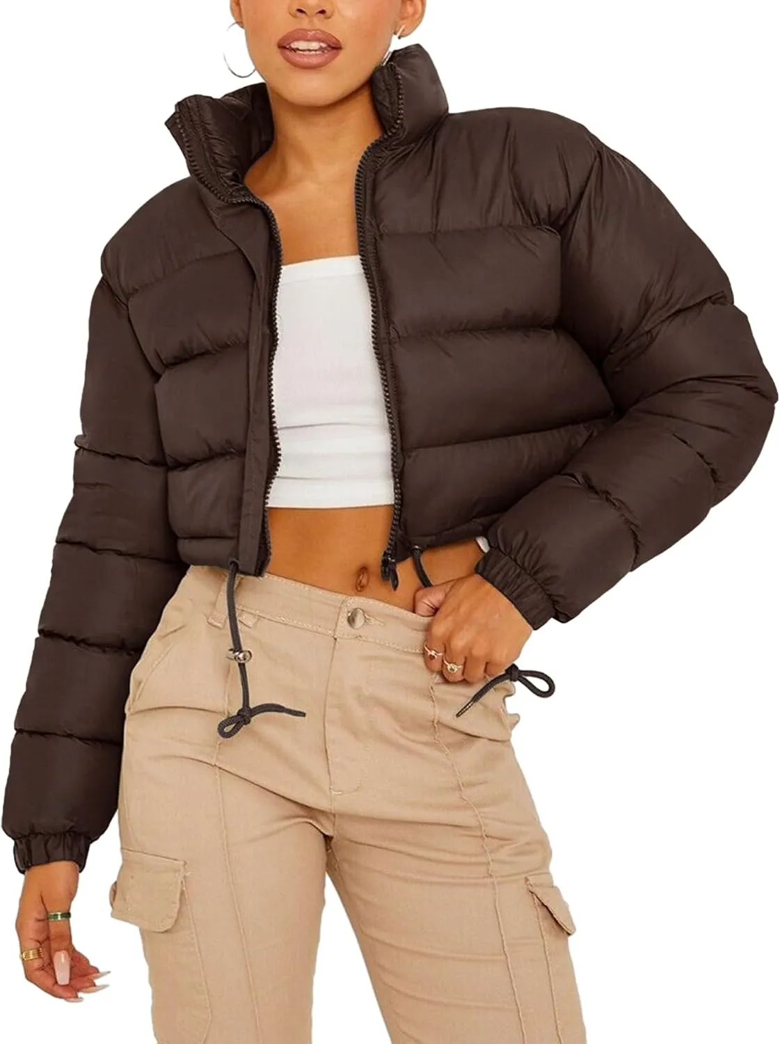 COZYPOIN Women Quilted Down Jacket Stand Collar Long Sleeve Zipper Cropped Puffer Jacket Coat