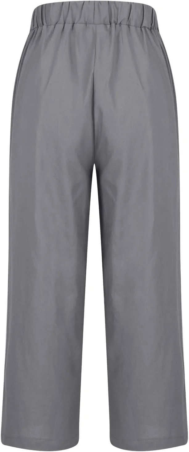Cropped Linen Pants for Women Summer Elastic Waist Crop Pants Casual Beach Straight Leg Trousers with Pockets