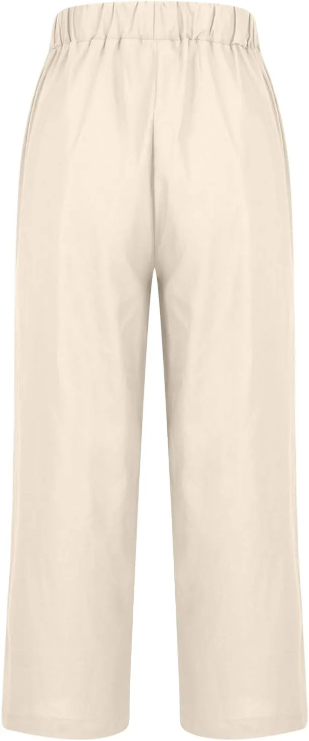 Cropped Linen Pants for Women Summer Elastic Waist Crop Pants Casual Beach Straight Leg Trousers with Pockets