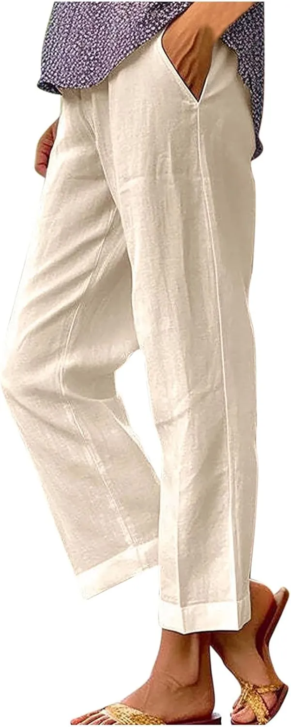 Cropped Linen Pants for Women Summer Elastic Waist Crop Pants Casual Beach Straight Leg Trousers with Pockets