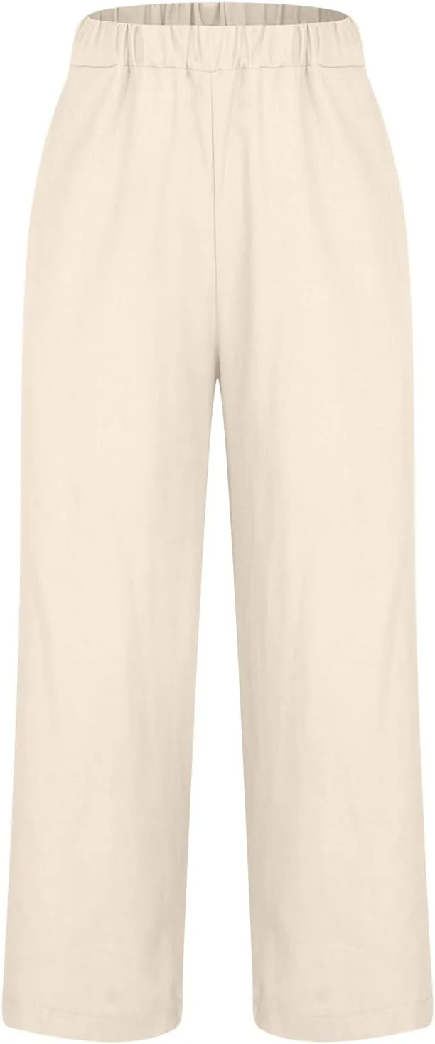 Cropped Linen Pants for Women Summer Elastic Waist Crop Pants Casual Beach Straight Leg Trousers with Pockets