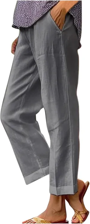 Cropped Linen Pants for Women Summer Elastic Waist Crop Pants Casual Beach Straight Leg Trousers with Pockets
