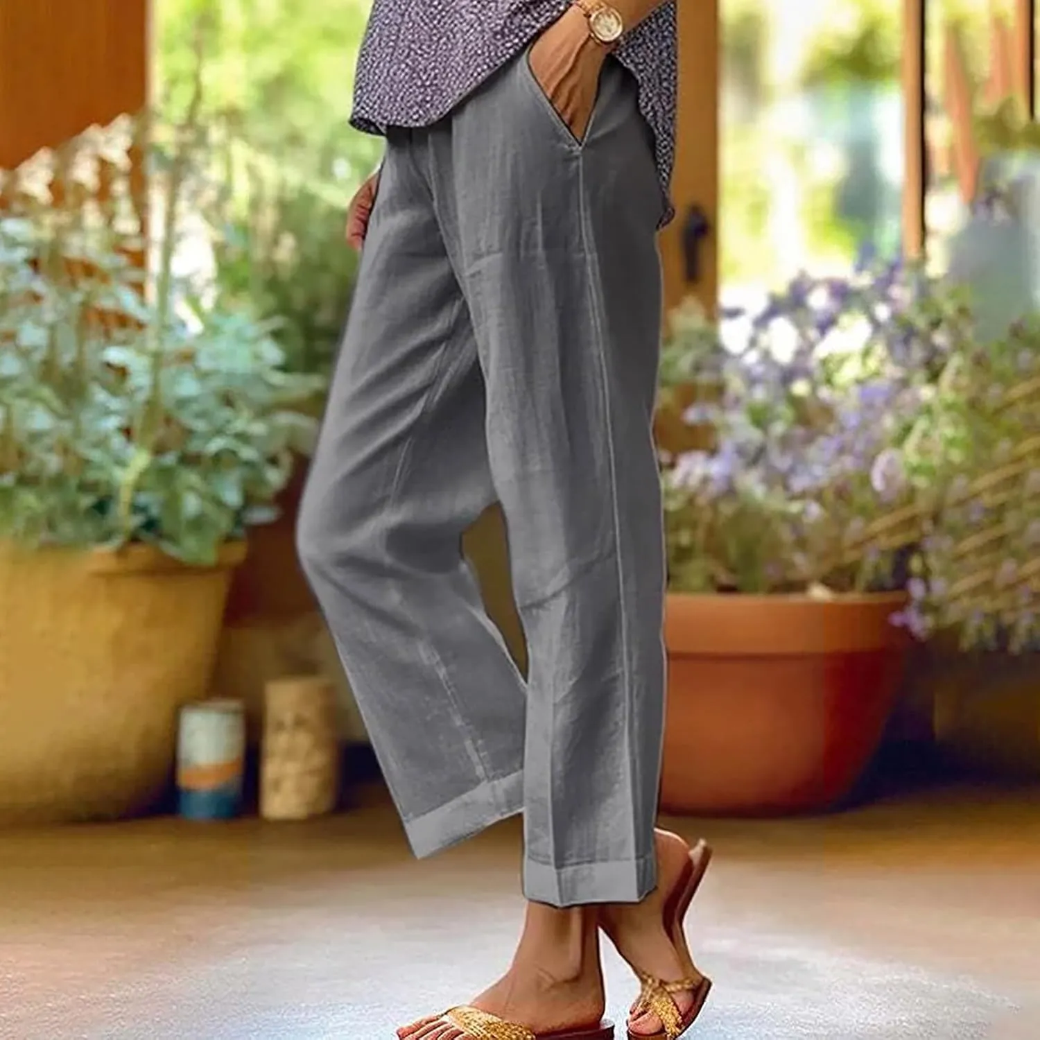 Cropped Linen Pants for Women Summer Elastic Waist Crop Pants Casual Beach Straight Leg Trousers with Pockets