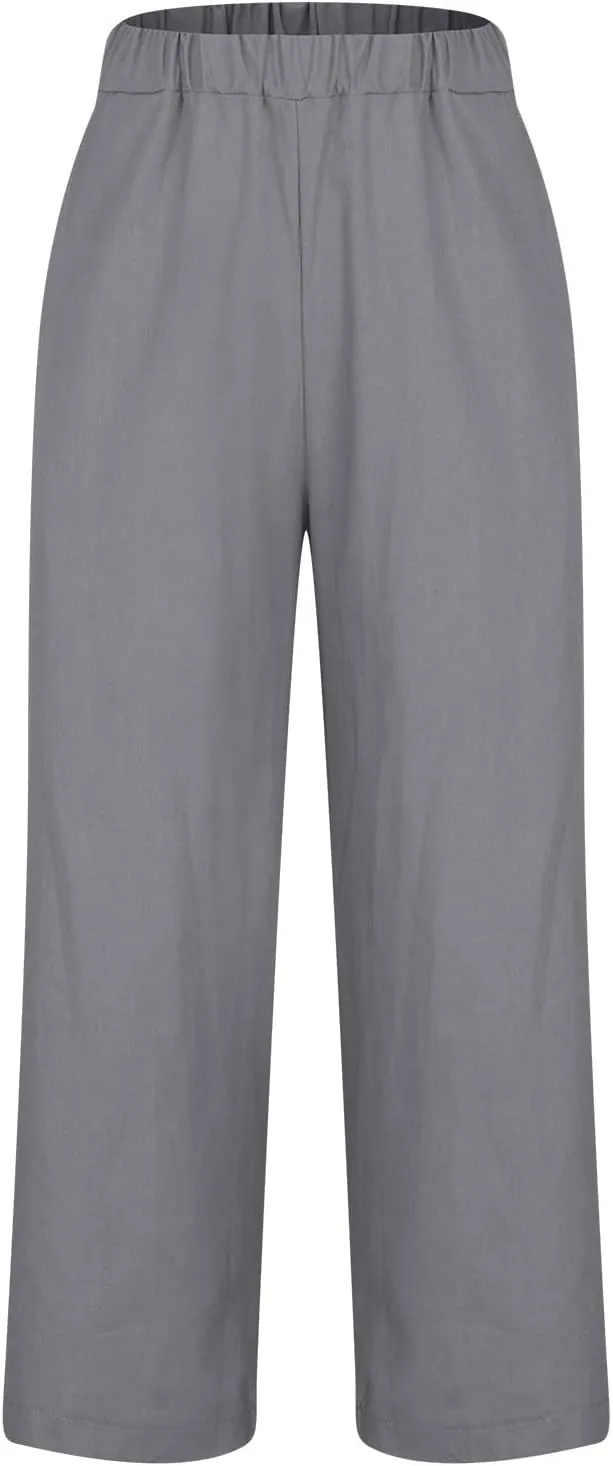 Cropped Linen Pants for Women Summer Elastic Waist Crop Pants Casual Beach Straight Leg Trousers with Pockets