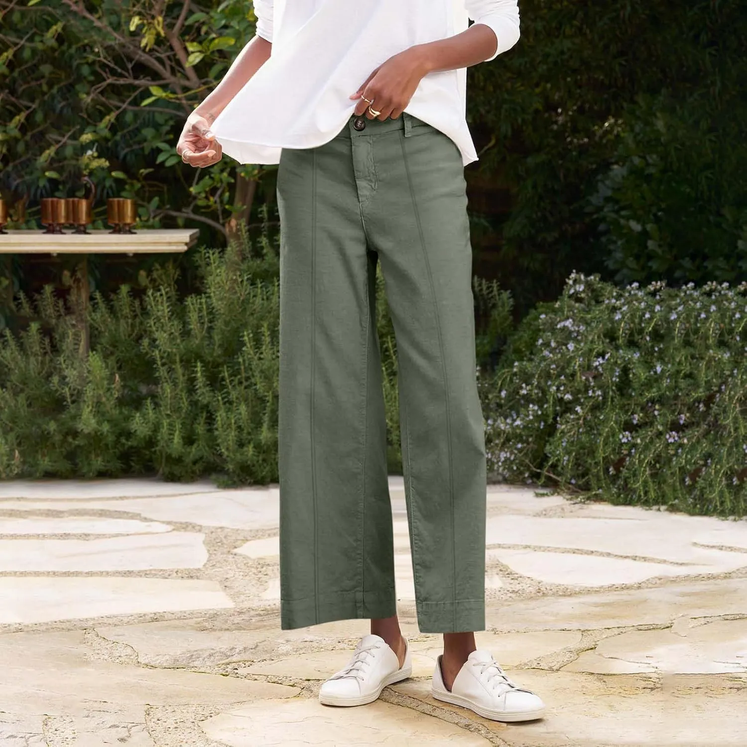 Cropped Linen Pants Women Elastic Waist Wide Leg Dress Pants Comfy Business Casual Work Pants Trousers with Pockets