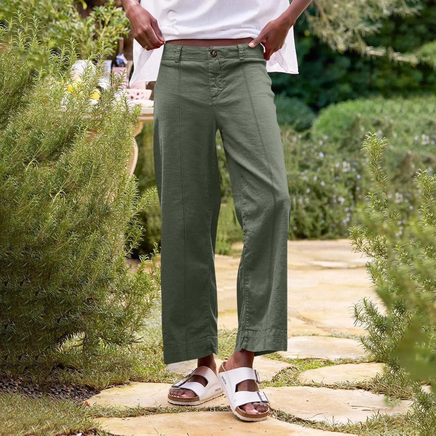 Cropped Linen Pants Women Elastic Waist Wide Leg Dress Pants Comfy Business Casual Work Pants Trousers with Pockets