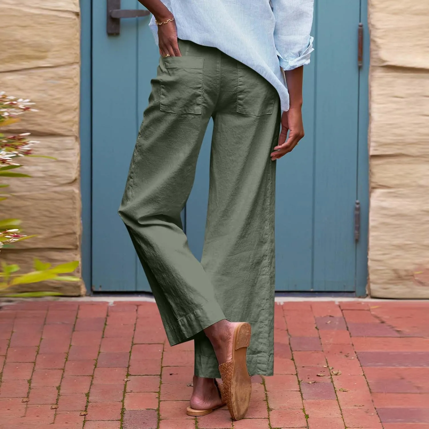 Cropped Linen Pants Women Elastic Waist Wide Leg Dress Pants Comfy Business Casual Work Pants Trousers with Pockets