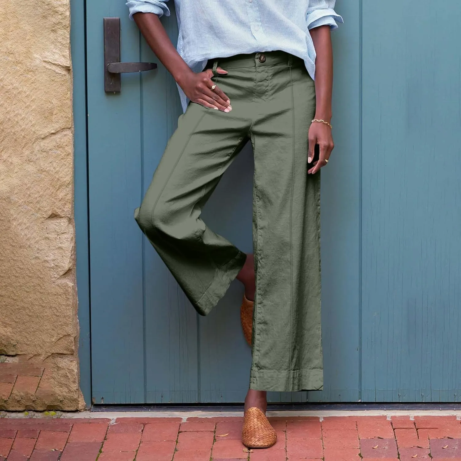 Cropped Linen Pants Women Elastic Waist Wide Leg Dress Pants Comfy Business Casual Work Pants Trousers with Pockets