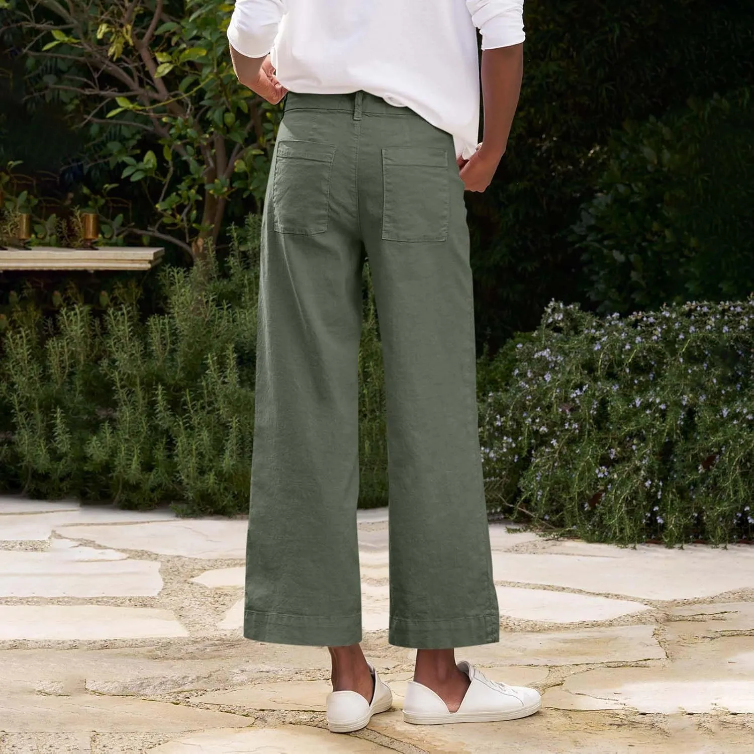 Cropped Linen Pants Women Elastic Waist Wide Leg Dress Pants Comfy Business Casual Work Pants Trousers with Pockets