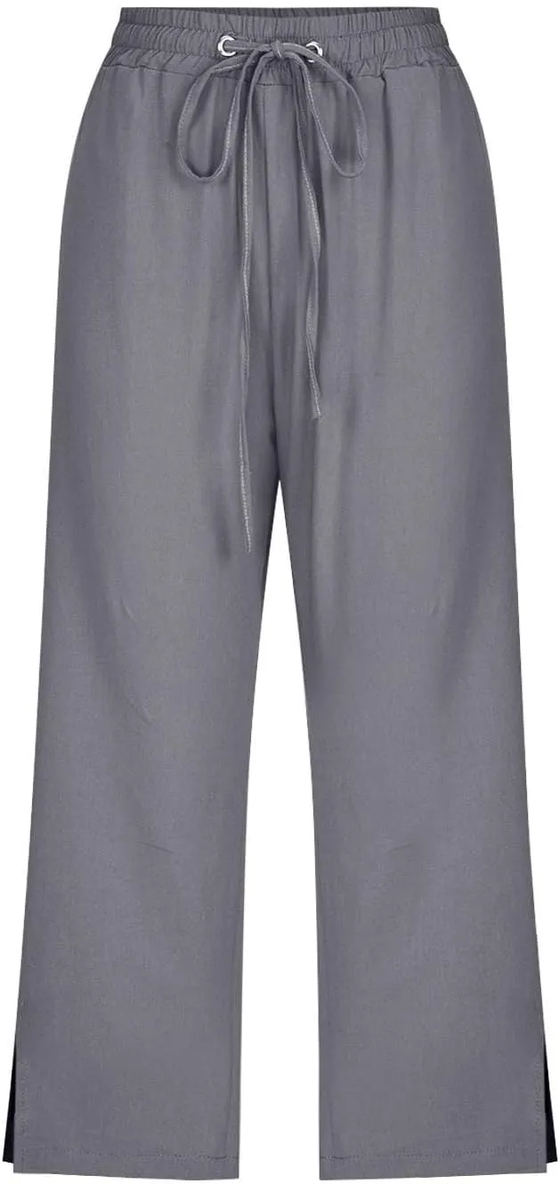 Cropped Linen Pants Women Loose Drawstring Elastic Waist Palazzo Lounge Long Trousers Summer Beach Vacation Pants