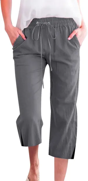 Cropped Linen Pants Women Loose Drawstring Elastic Waist Palazzo Lounge Long Trousers Summer Beach Vacation Pants