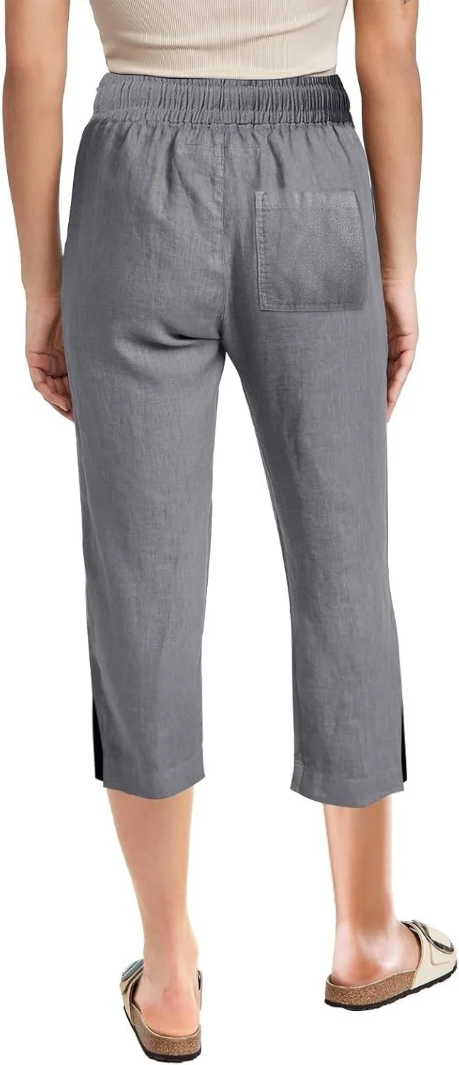 Cropped Linen Pants Women Loose Drawstring Elastic Waist Palazzo Lounge Long Trousers Summer Beach Vacation Pants