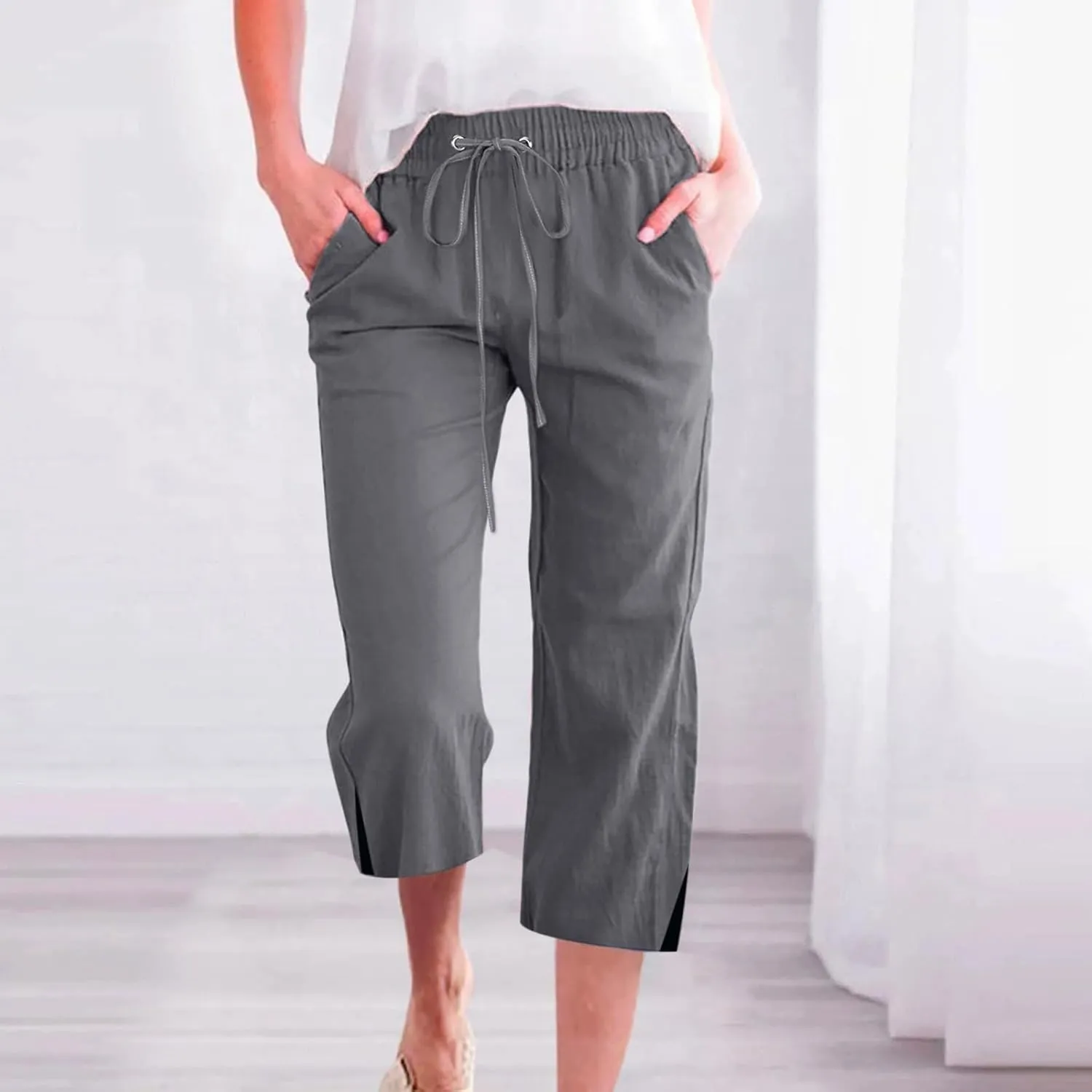 Cropped Linen Pants Women Loose Drawstring Elastic Waist Palazzo Lounge Long Trousers Summer Beach Vacation Pants