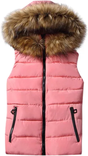 Dademeo Womens Puffer Vest with Fur Hood Winter Slim Fit Cropped Vest Coat Casual Outerwear Sleeveless Cotton-Padded Jacket