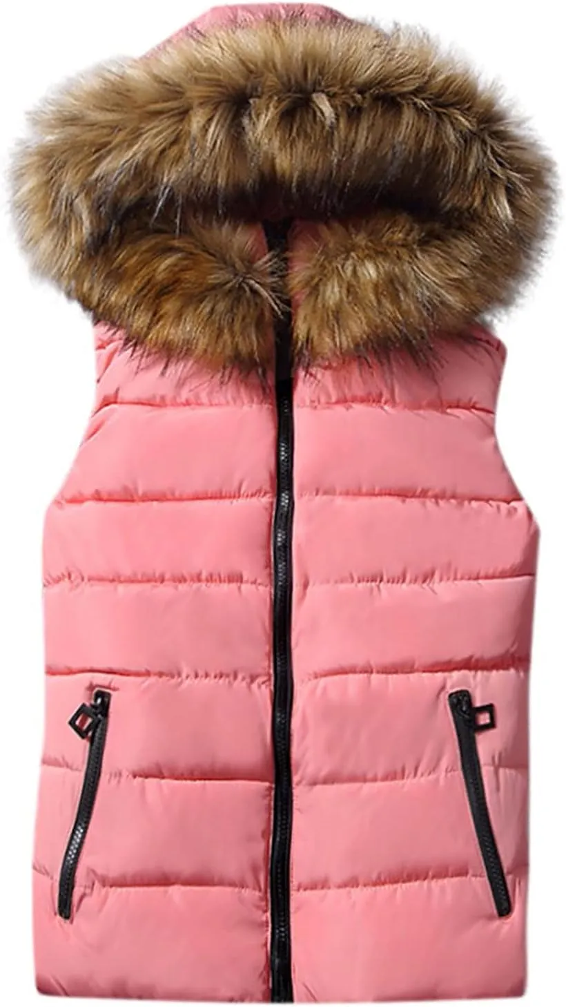 Dademeo Womens Puffer Vest with Fur Hood Winter Slim Fit Cropped Vest Coat Casual Outerwear Sleeveless Cotton-Padded Jacket