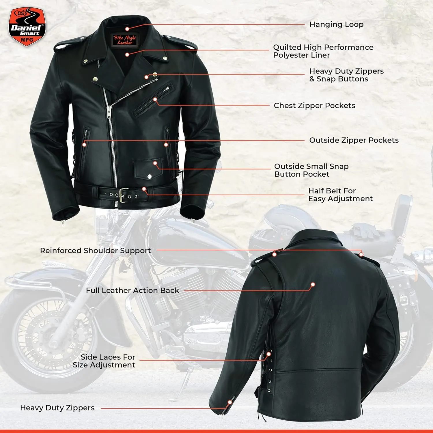 Daniel Smart Men Motorcycle Leather Jacket Black Economy Biker Leather Jacket with Concealment Armory Pocket