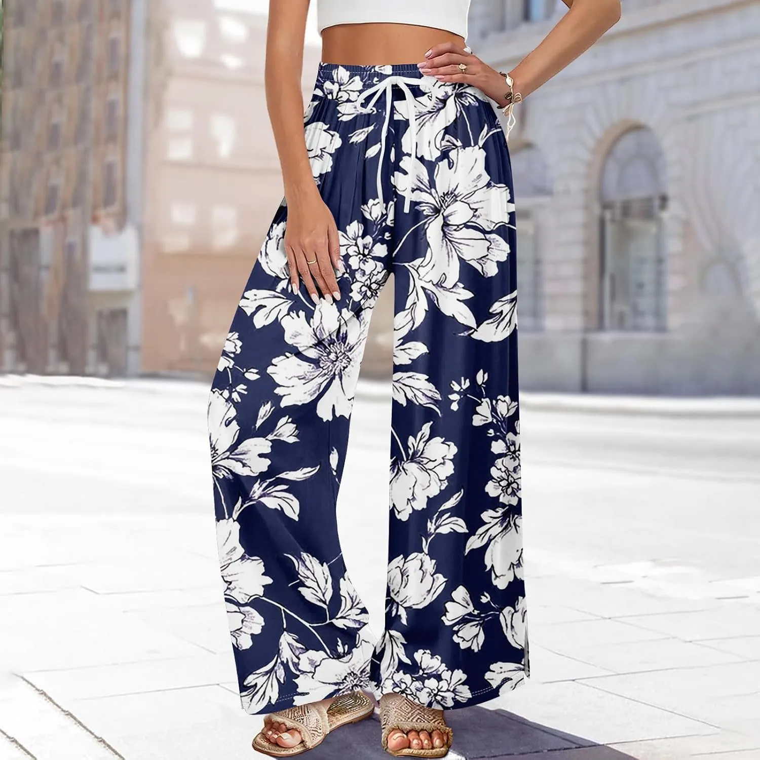 Dress Pants Women Petite High Waisted Wide Leg Summer Beach Vacation Women's Pants Boho Lounge Casual Palazzo Trousers