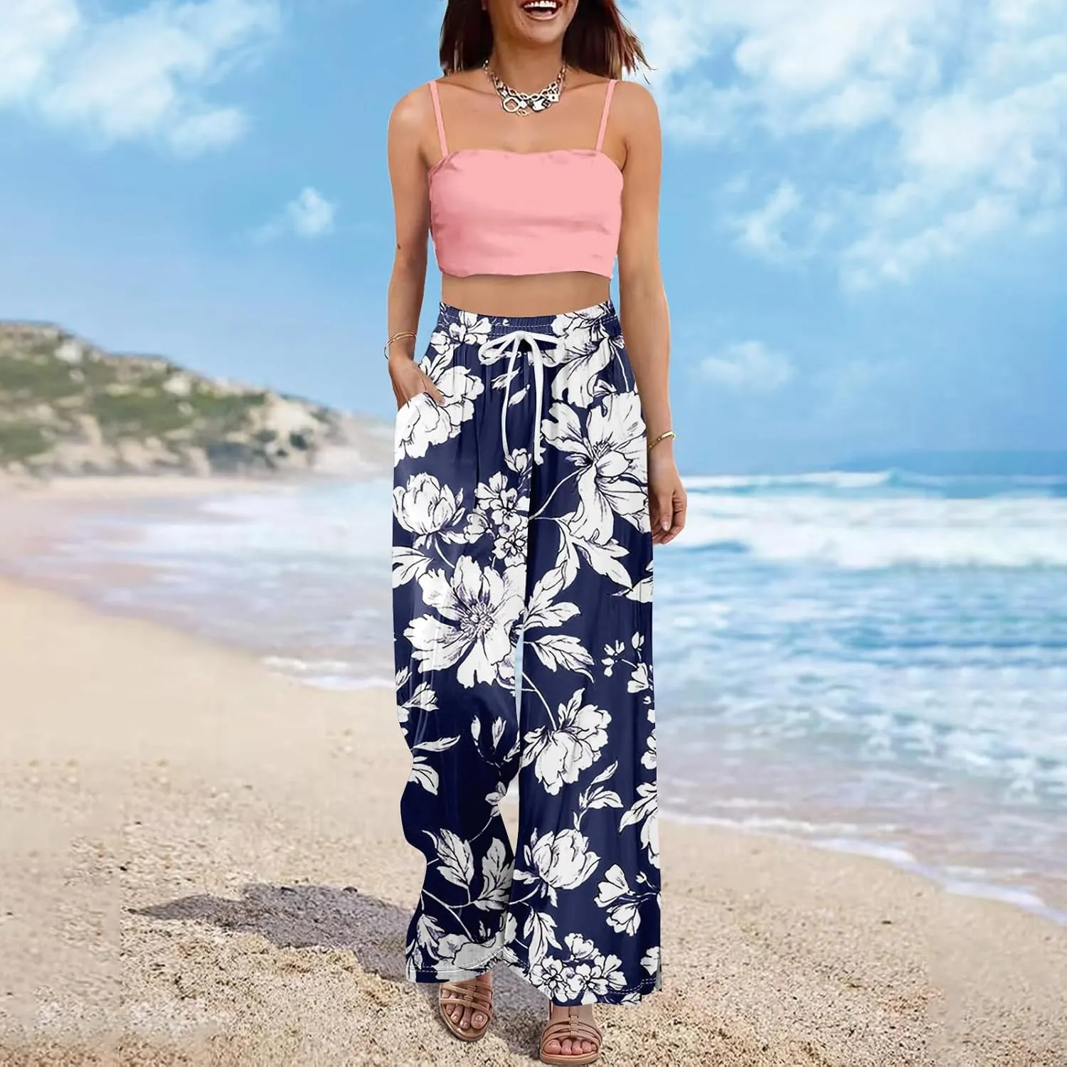 Dress Pants Women Petite High Waisted Wide Leg Summer Beach Vacation Women's Pants Boho Lounge Casual Palazzo Trousers