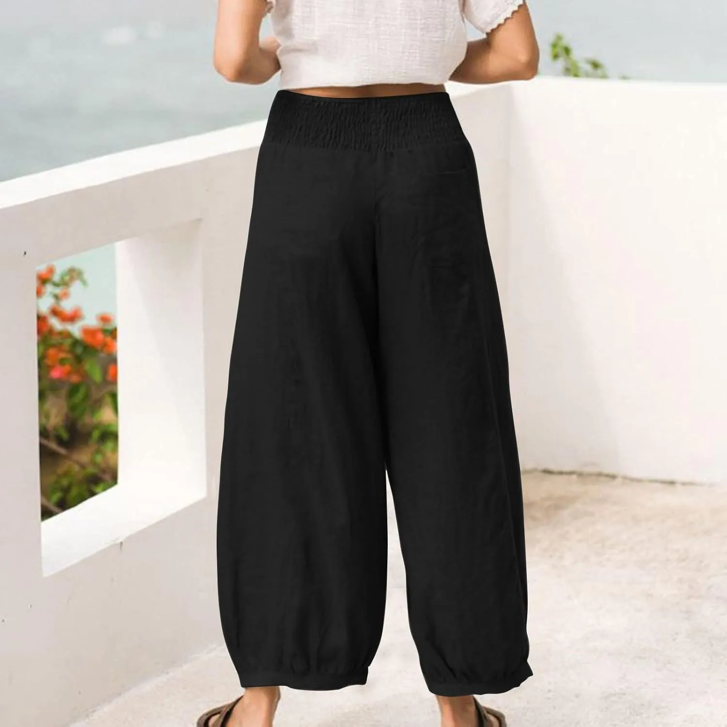 Dress Pants Women Plus Size Elastic Waist Summer Linen Pants Wide Leg Flowy Loose Fit Lightweight Beach Trousers